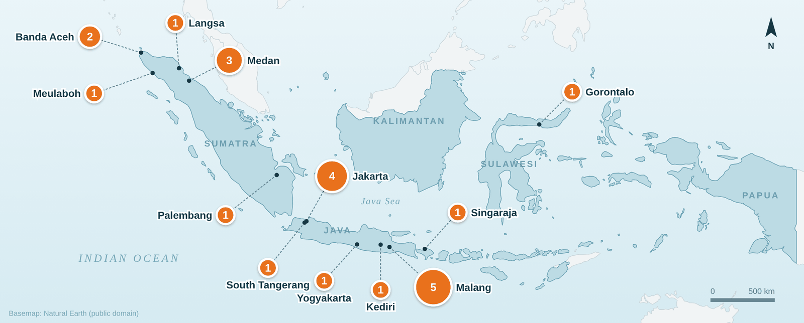 Map of Indonesia showing editorial team institution locations